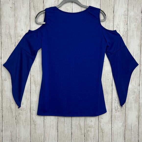 2000s Blue Bell Sleeve Cold Shoulder V Neck Flowy Long Sleeve Shirt Small - Picture 2 of 8